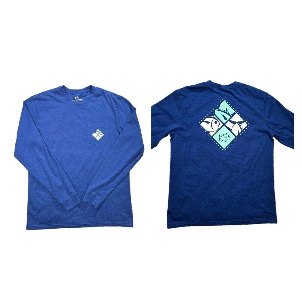 Mens Southern Tide Long Sleeve Fishing T Shirt Blue Pocket Tee Medium